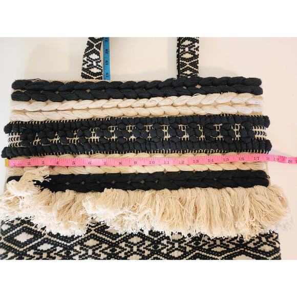 Black and Cream BOHO Crochet Bag Zip Top Fringe Shoulder Bag Tote